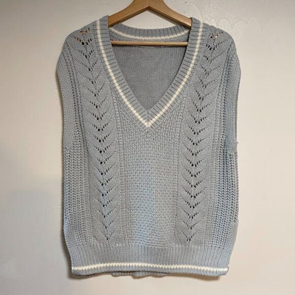 GU V-Neck Pointelle Women's Light Blue White Knit Sweater Vest Size S - Picture 2 of 10